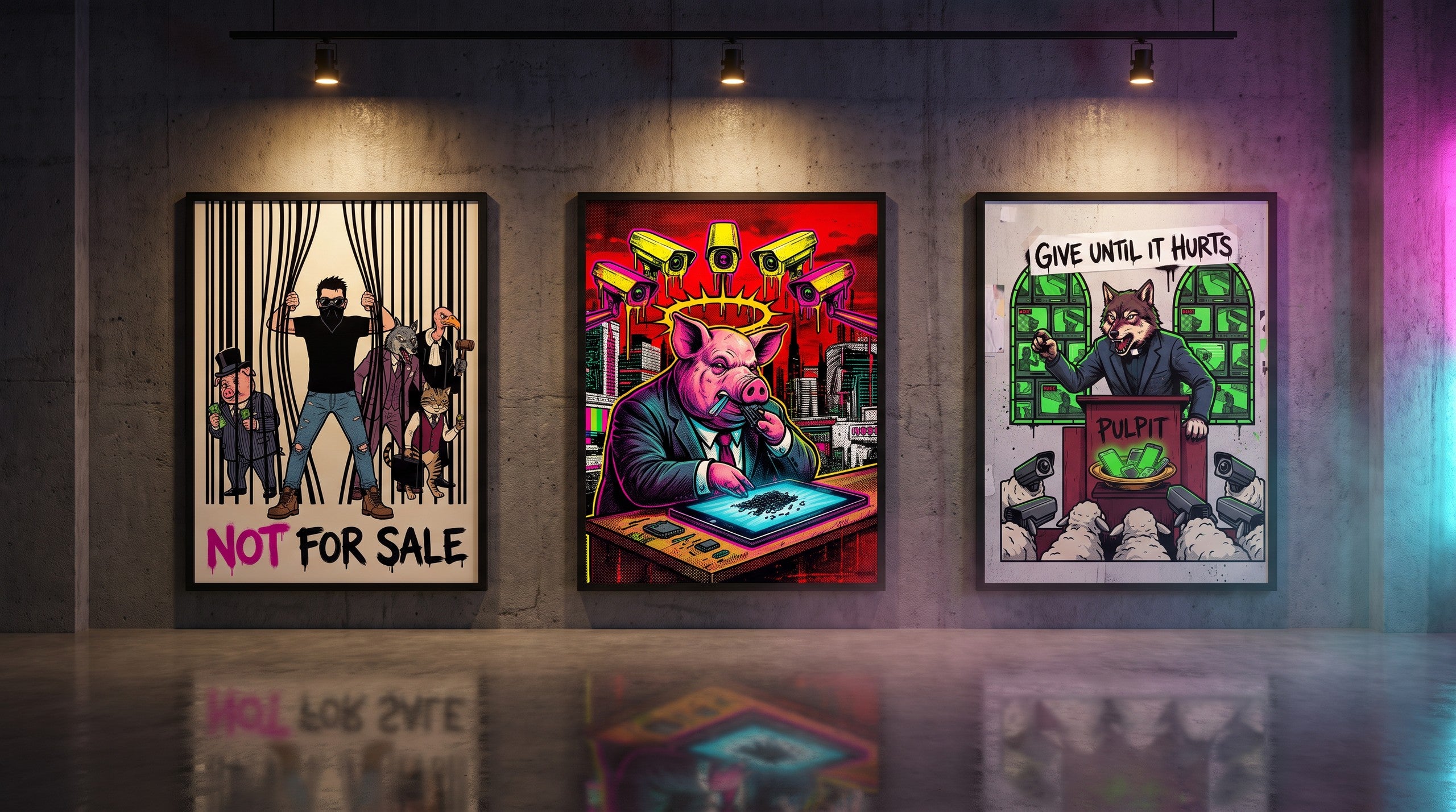 Three Drop 002 limited edition prints framed on a concrete gallery wall