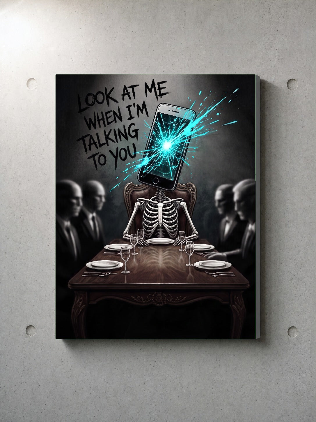 Dead Phone at a Funeral stretched canvas wall art by Chaos City Canvas