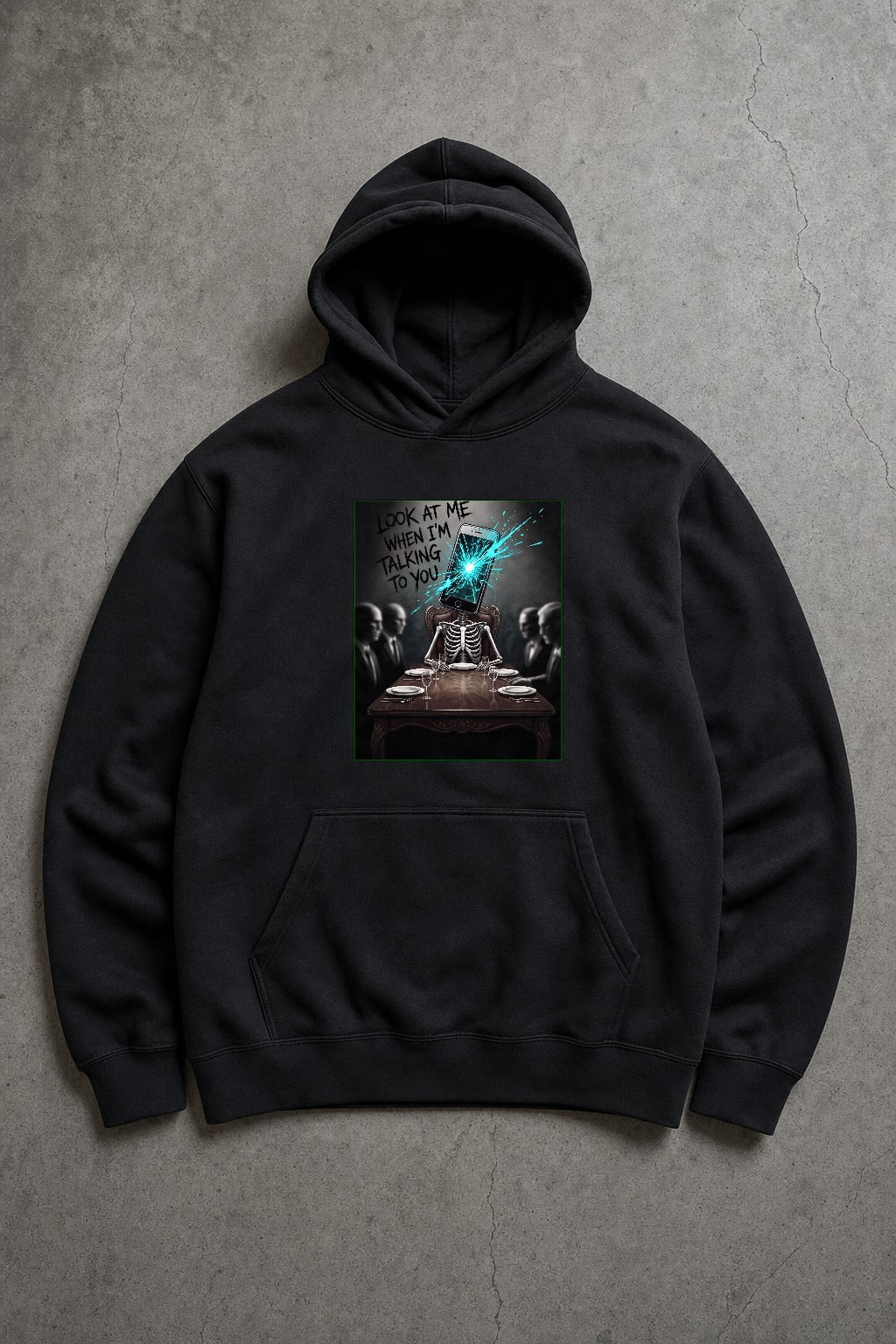 Dead Phone at a Funeral black fleece hoodie by Chaos City Canvas