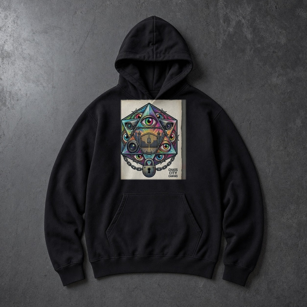Sealed Gate black fleece hoodie by Chaos City Canvas