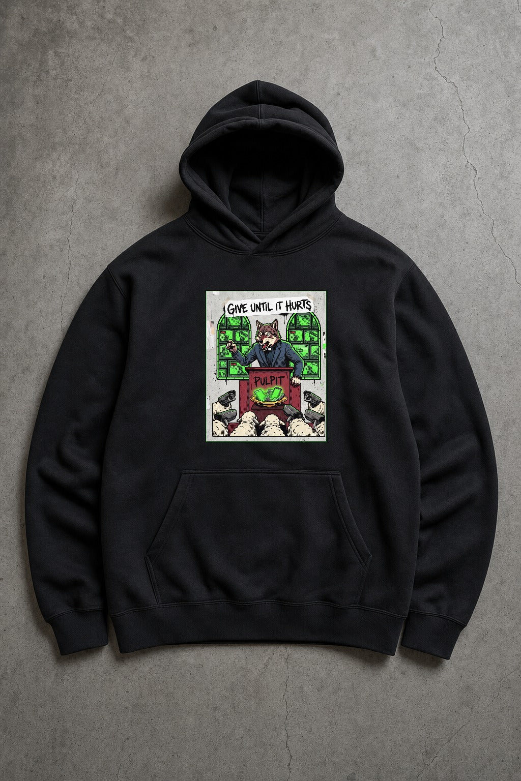 Give Until It Hurts black fleece hoodie by Chaos City Canvas