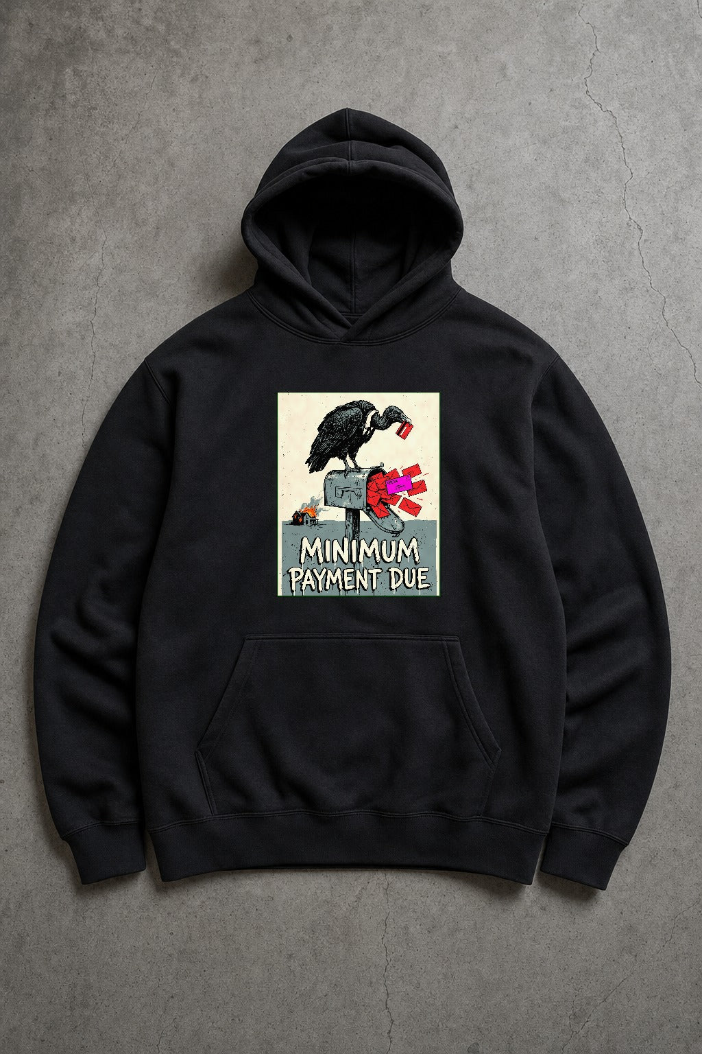 Minimum Payment Due black fleece hoodie by Chaos City Canvas