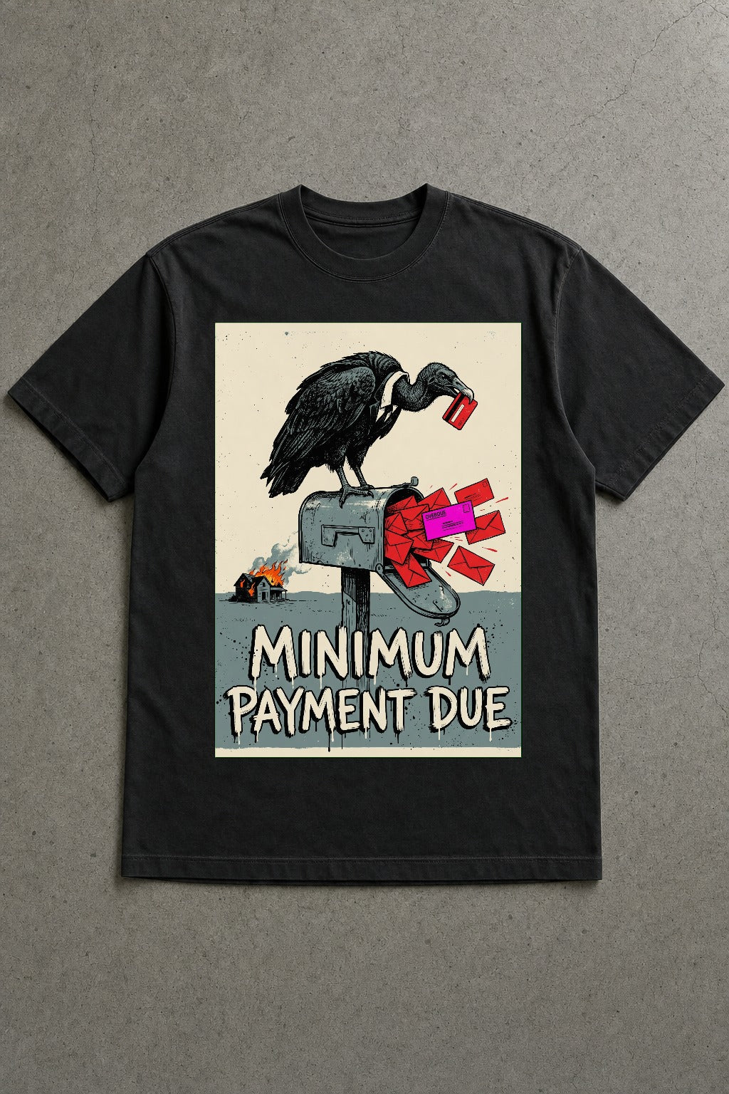 Minimum Payment Due heavyweight black tee by Chaos City Canvas