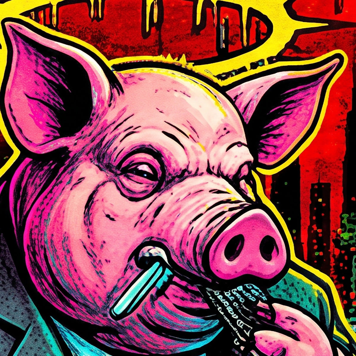 Close detail of the Surveillance / Consume print showing ink texture
