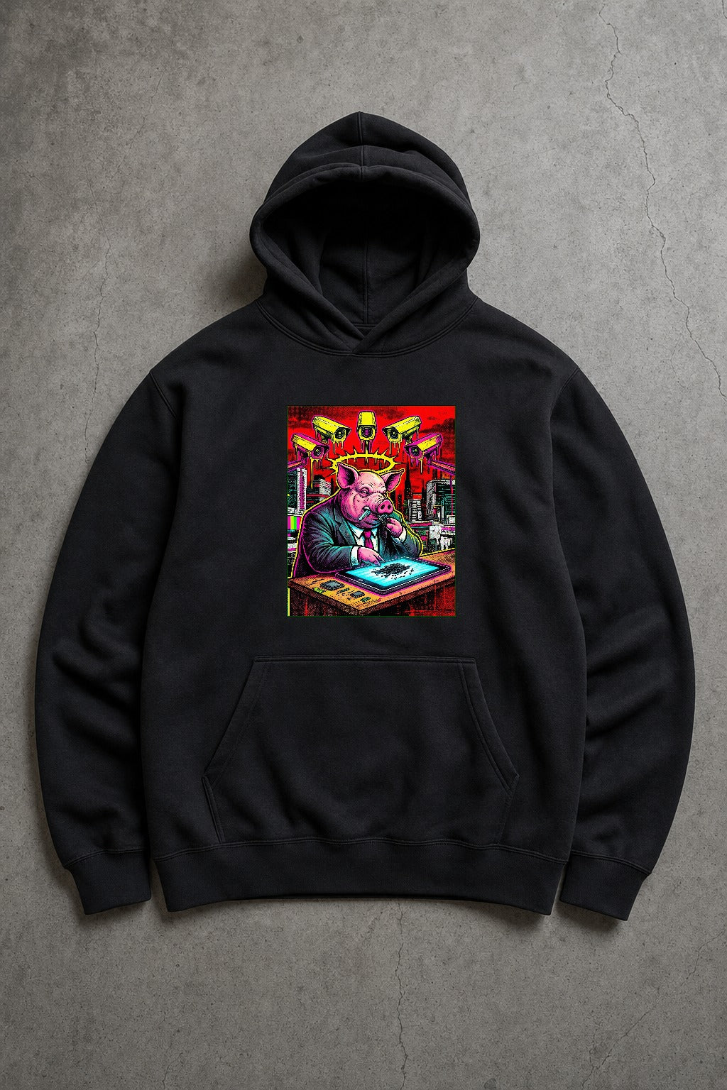 Surveillance / Consume black fleece hoodie by Chaos City Canvas